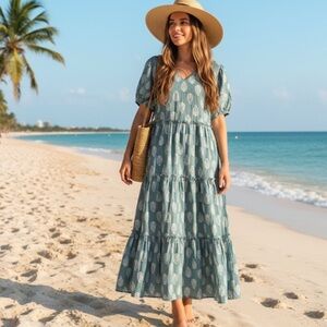 Lucky Brand Block Print Puff Sleeve Tiered Maxi Dress SZ Medium